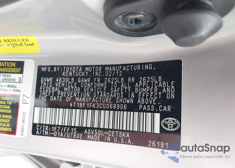 2012 Toyota Camry Se from USA, damaged, VIN 4T1BF1FK3CU068906
